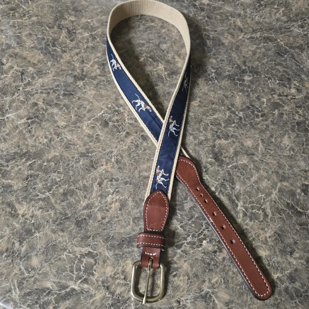 Men's Size 36 Navy Hunting Dog Belt Leather Trim Brass Buckle 1.25